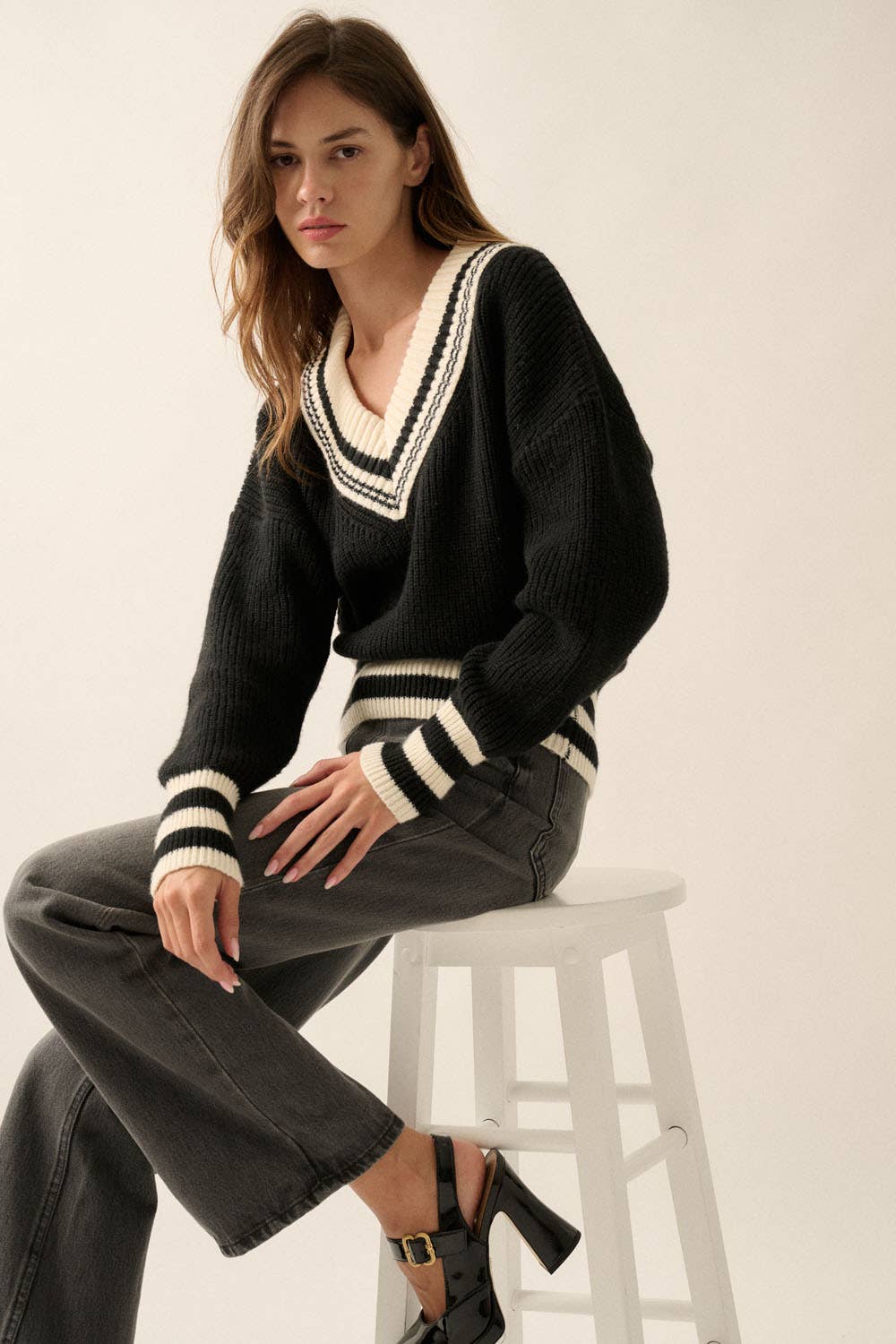 Solid Striped Knit Sweater