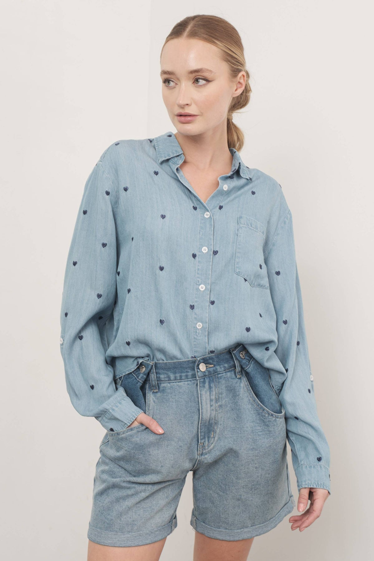 HEART EMBROIDERED DENIM SHIRTS