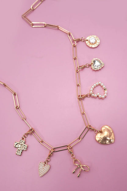 BOW HEART REMOVABLE MULTI CHARM NECKLACE