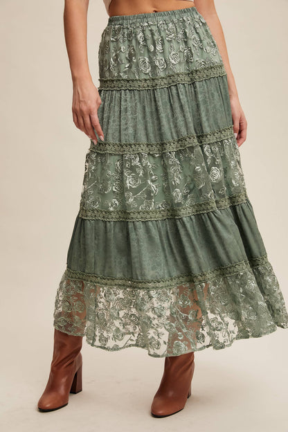 Floral Embroidered Tiered Maxi Skirt