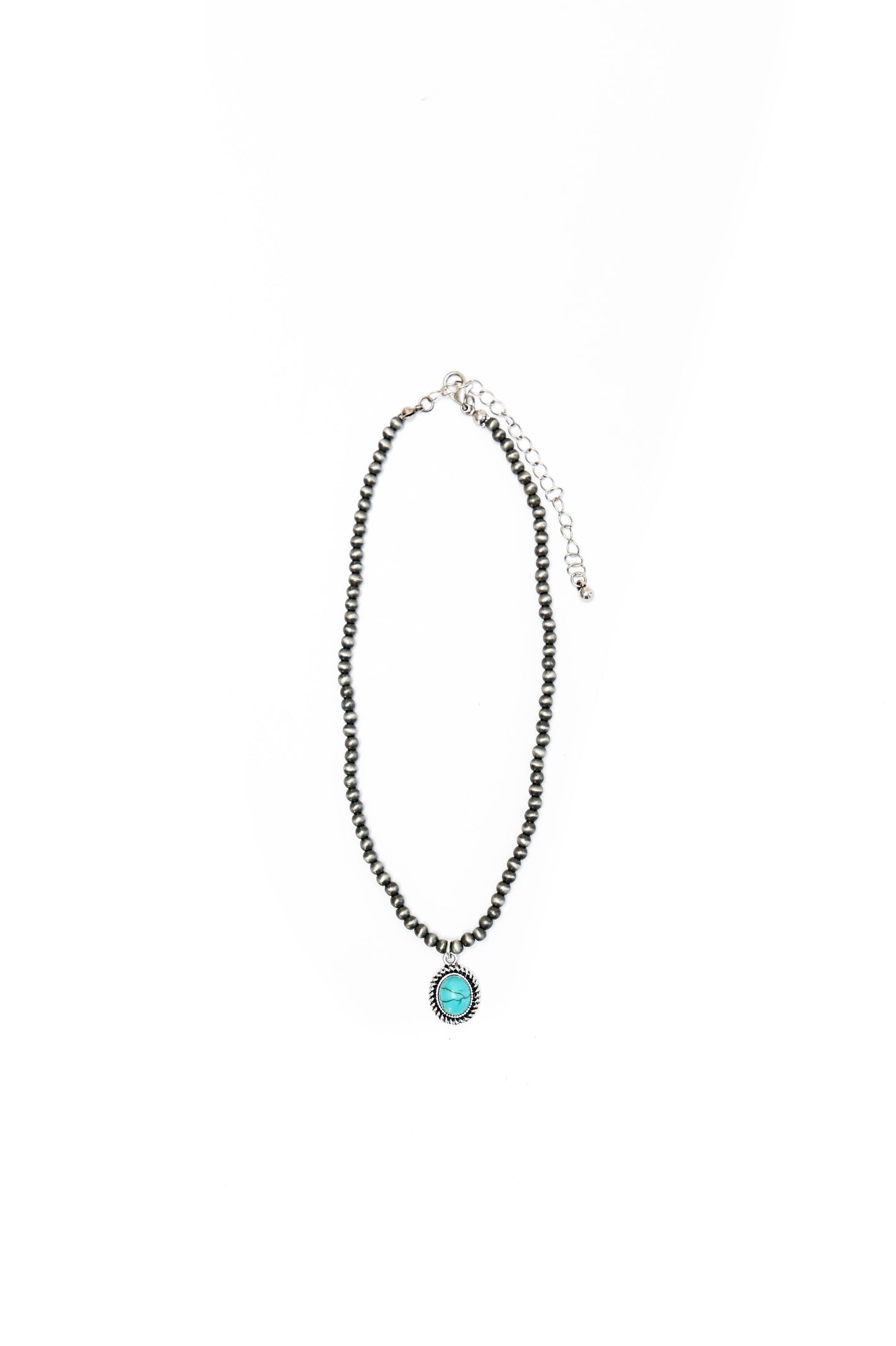 13" Dainty Faux Navajo Pearl Necklace With Oval Turquoise Pendant