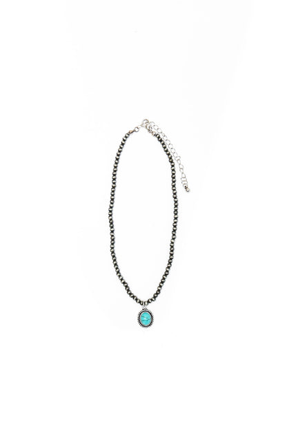 13" Dainty Faux Navajo Pearl Necklace With Oval Turquoise Pendant