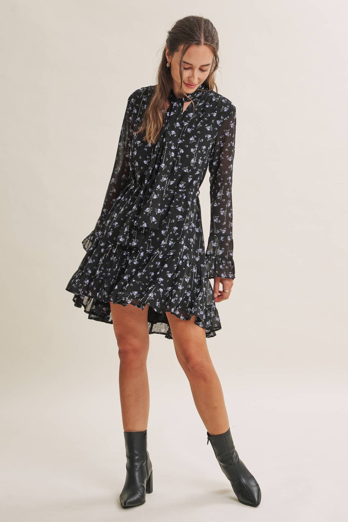 MIDNIGHT SHIMMER DITSY FLORAL NECK TIE RUFFLE MINI DRESS
