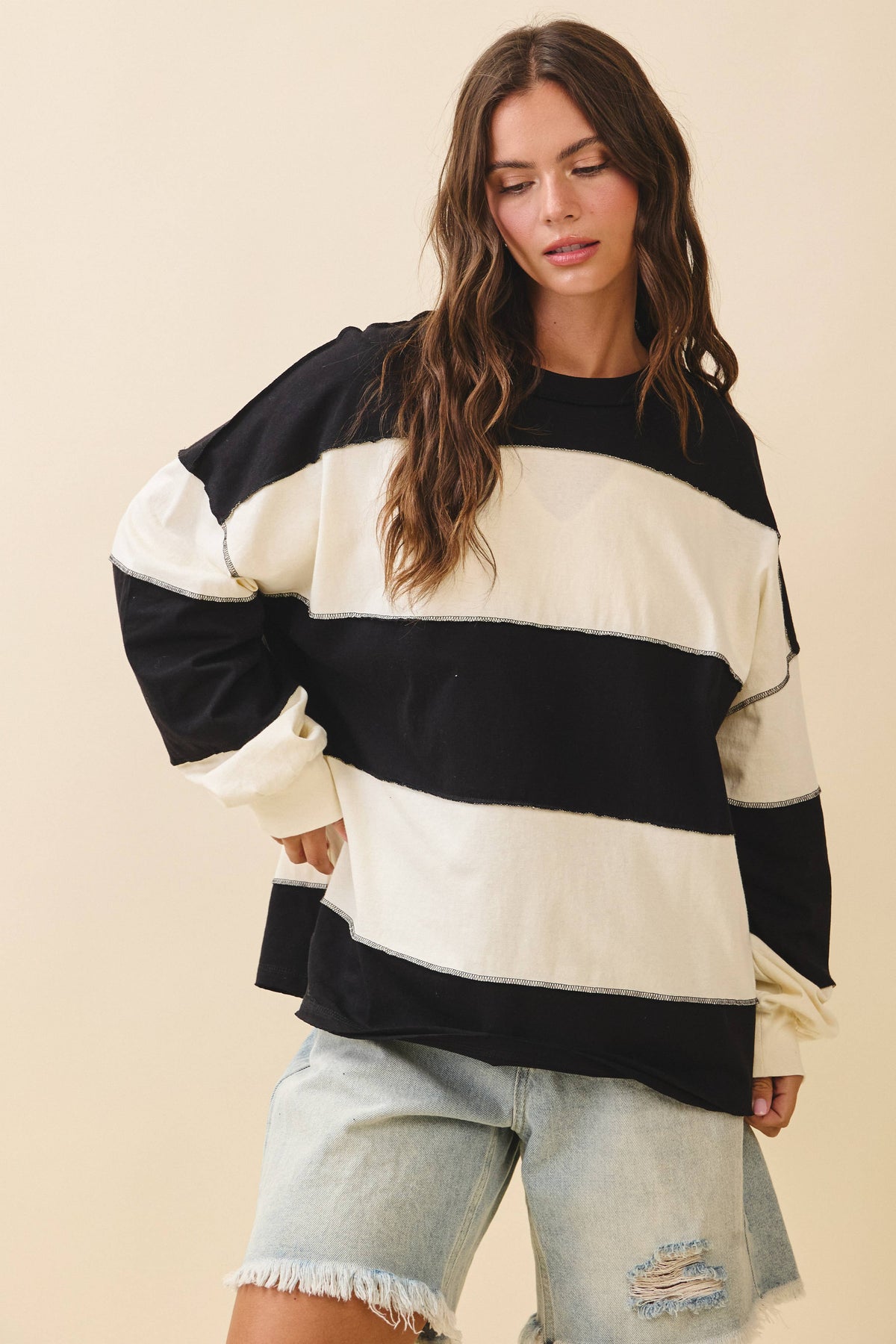 8551GN Oversized Color Block Long Sleeve Pullover: White Brownie / Contemporary / M