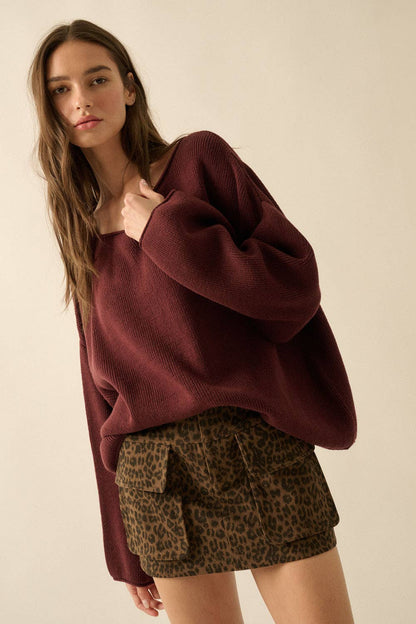 Solid Rib-Knit Oversized Boatneck Sweater
