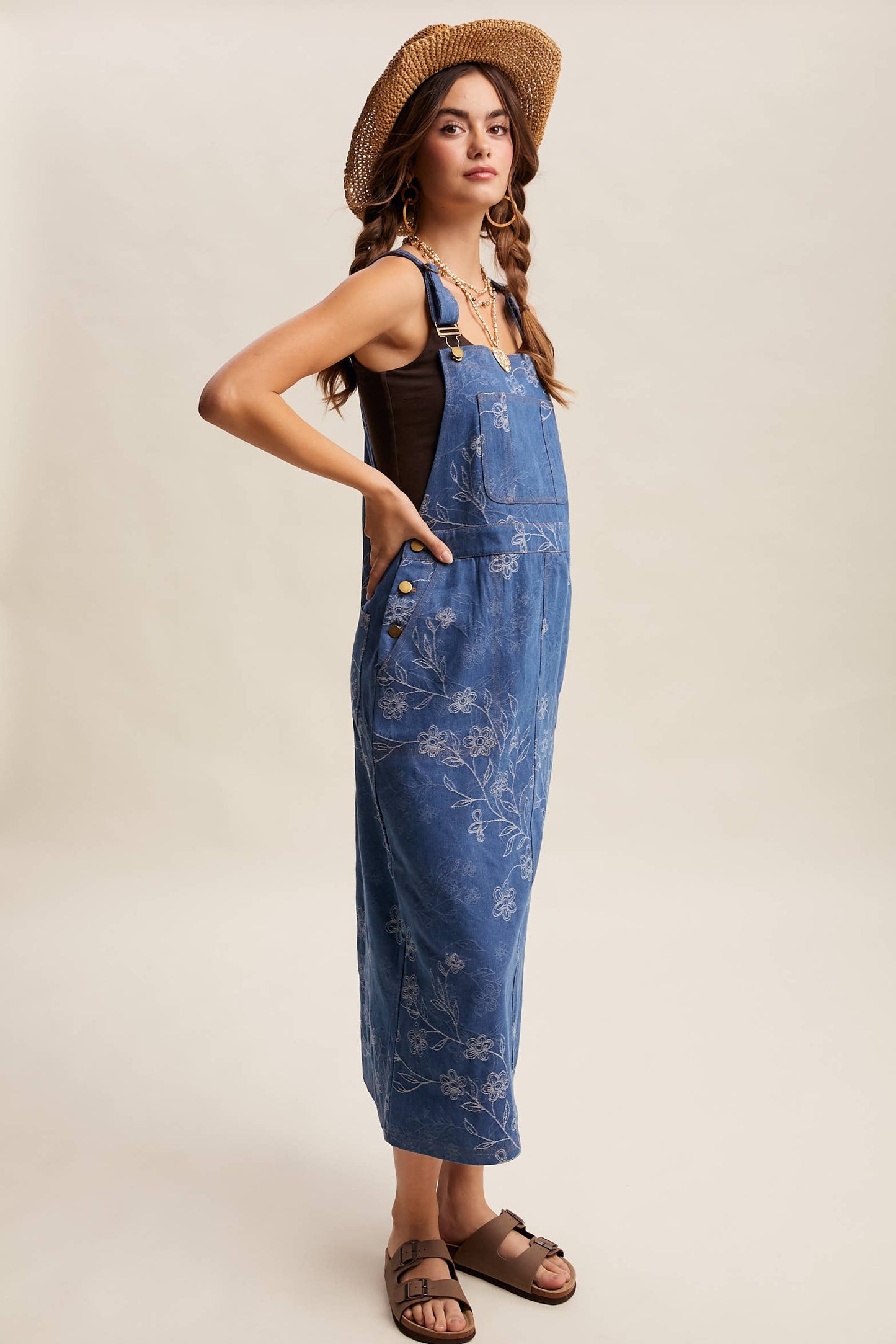 Floral Embroidered Denim Overall Dress