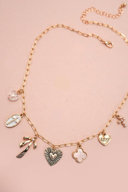 CHARM NECKLACE-CLOVER BOW CROSS HEART