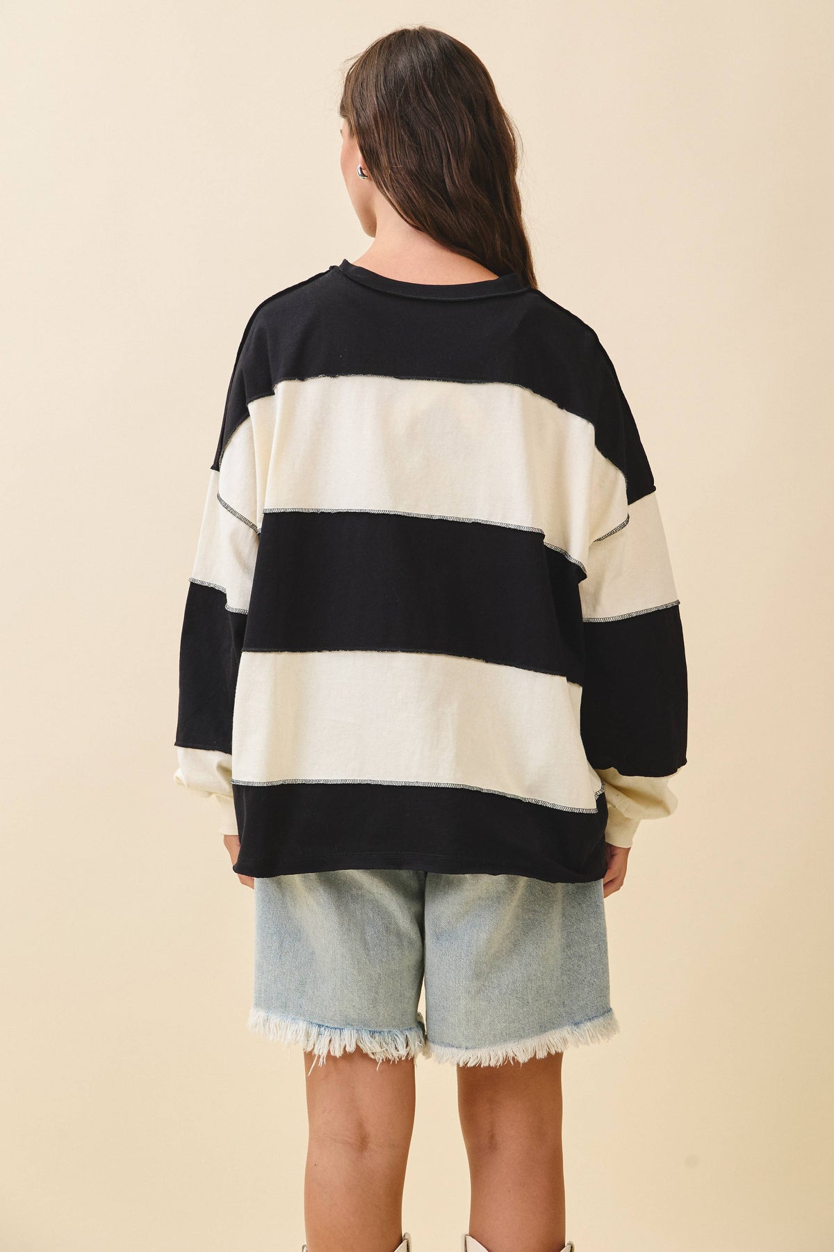 8551GN Oversized Color Block Long Sleeve Pullover: White Brownie / Contemporary / M