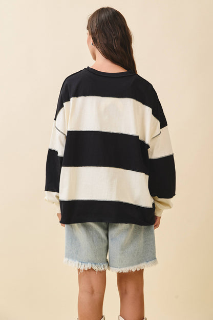 8551GN Oversized Color Block Long Sleeve Pullover: White Brownie / Contemporary / M