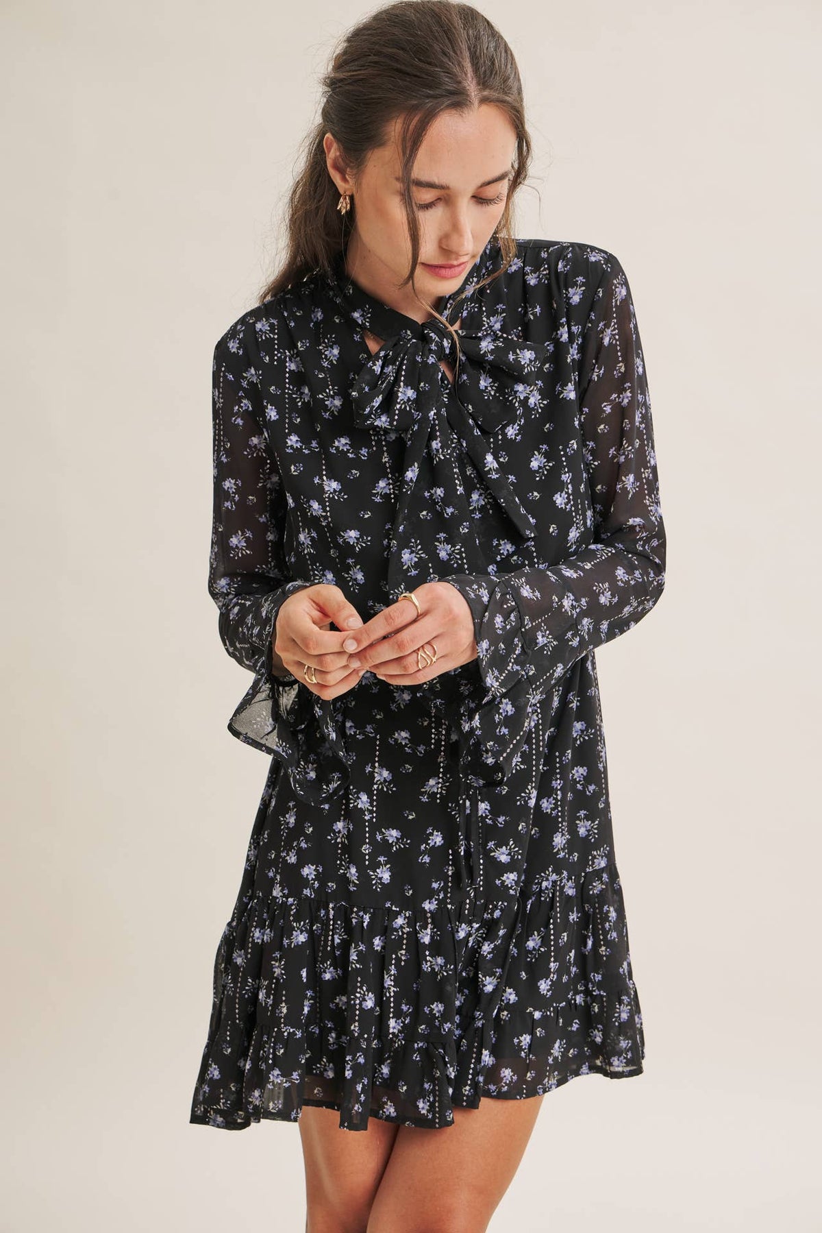 MIDNIGHT SHIMMER DITSY FLORAL NECK TIE RUFFLE MINI DRESS