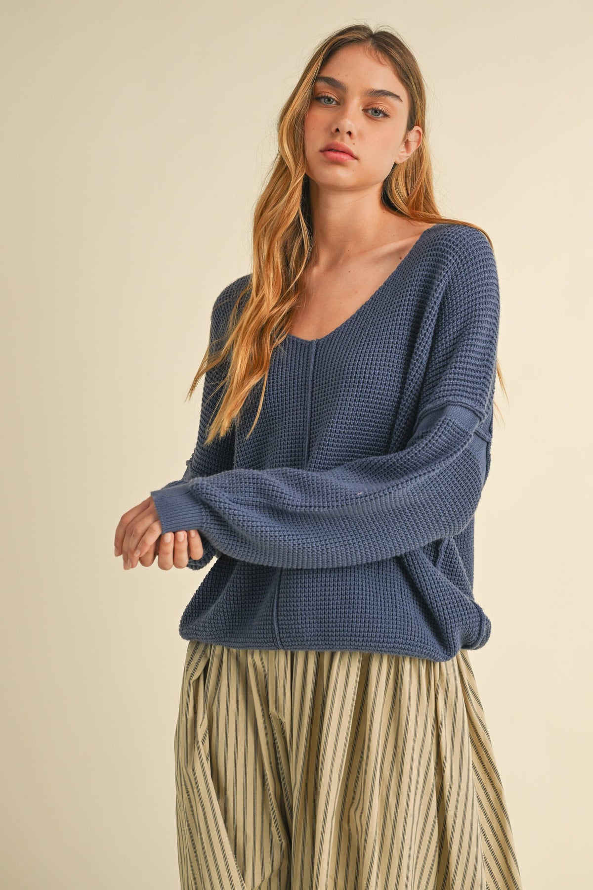 V-Neck Loose Fit Oversized Textured Sweater