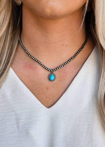 13" Dainty Faux Navajo Pearl Necklace With Oval Turquoise Pendant