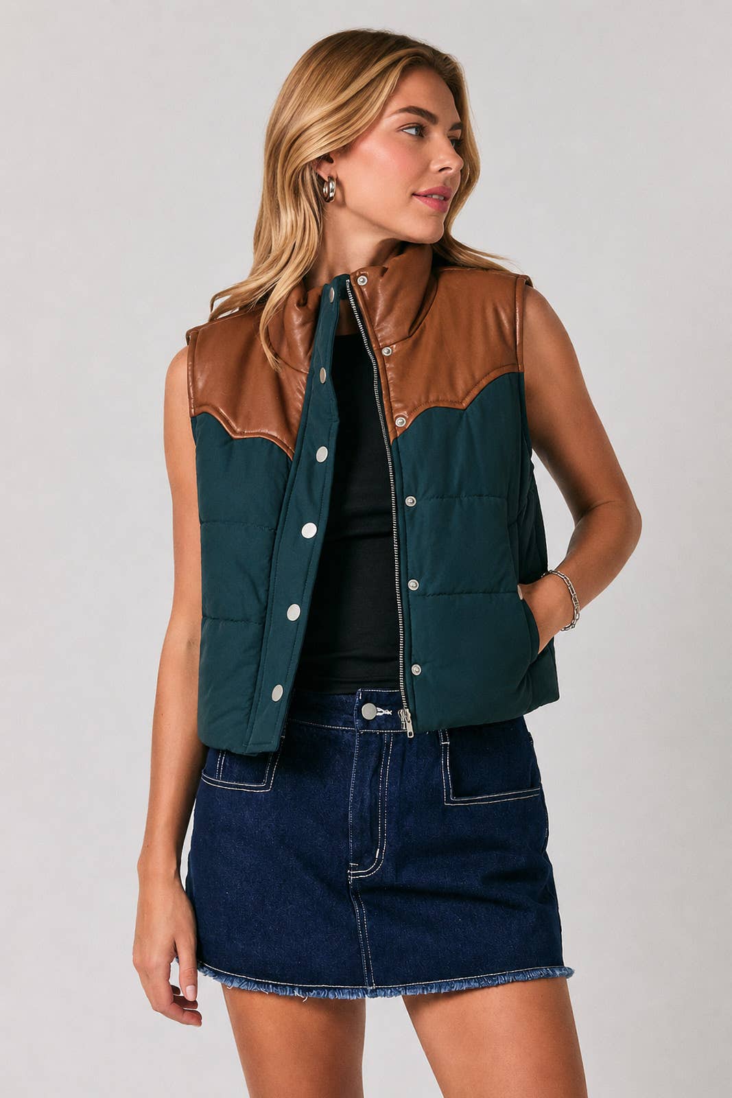 WESTERN FAUX LEATHER CONTRAST PADDED VEST