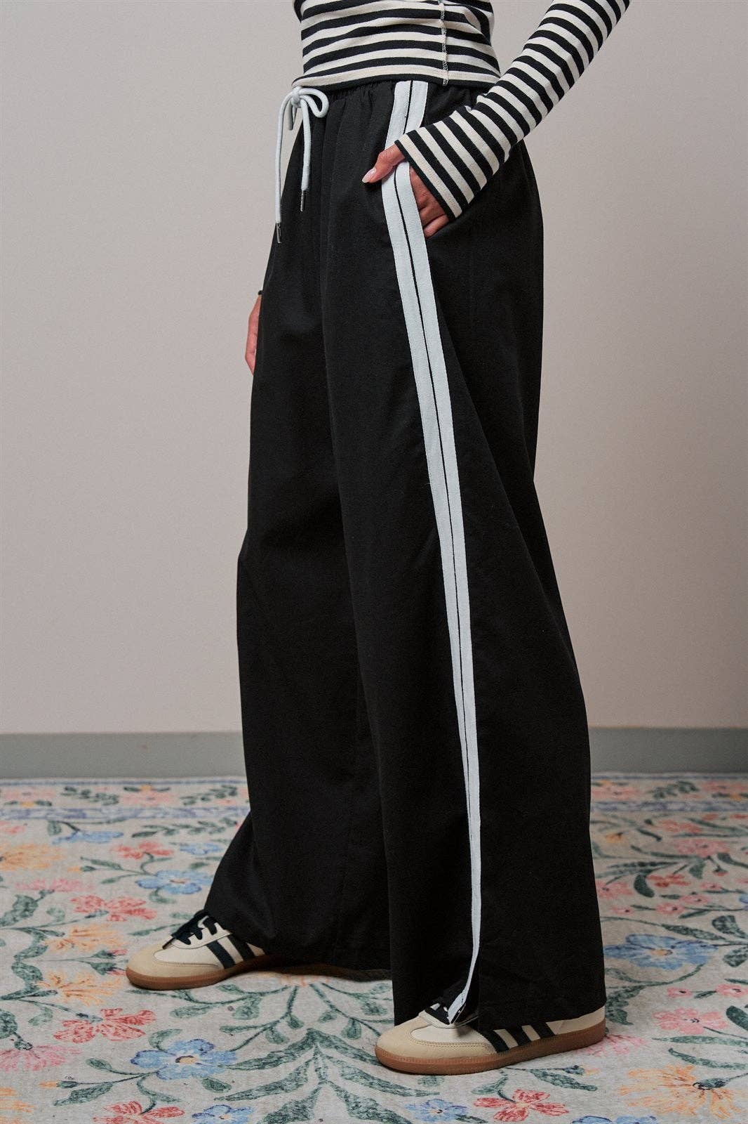 Wide Leg Side Stripe Linen Track Pant