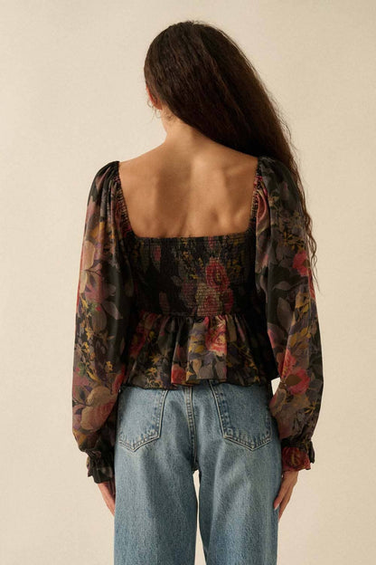 Floral-Print Smocked Sweetheart Peplum Top
