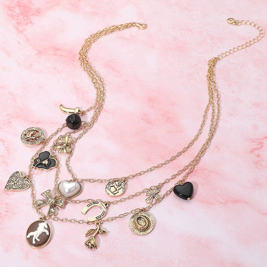 Triple layered horse charm necklace: Antique Gold,Black