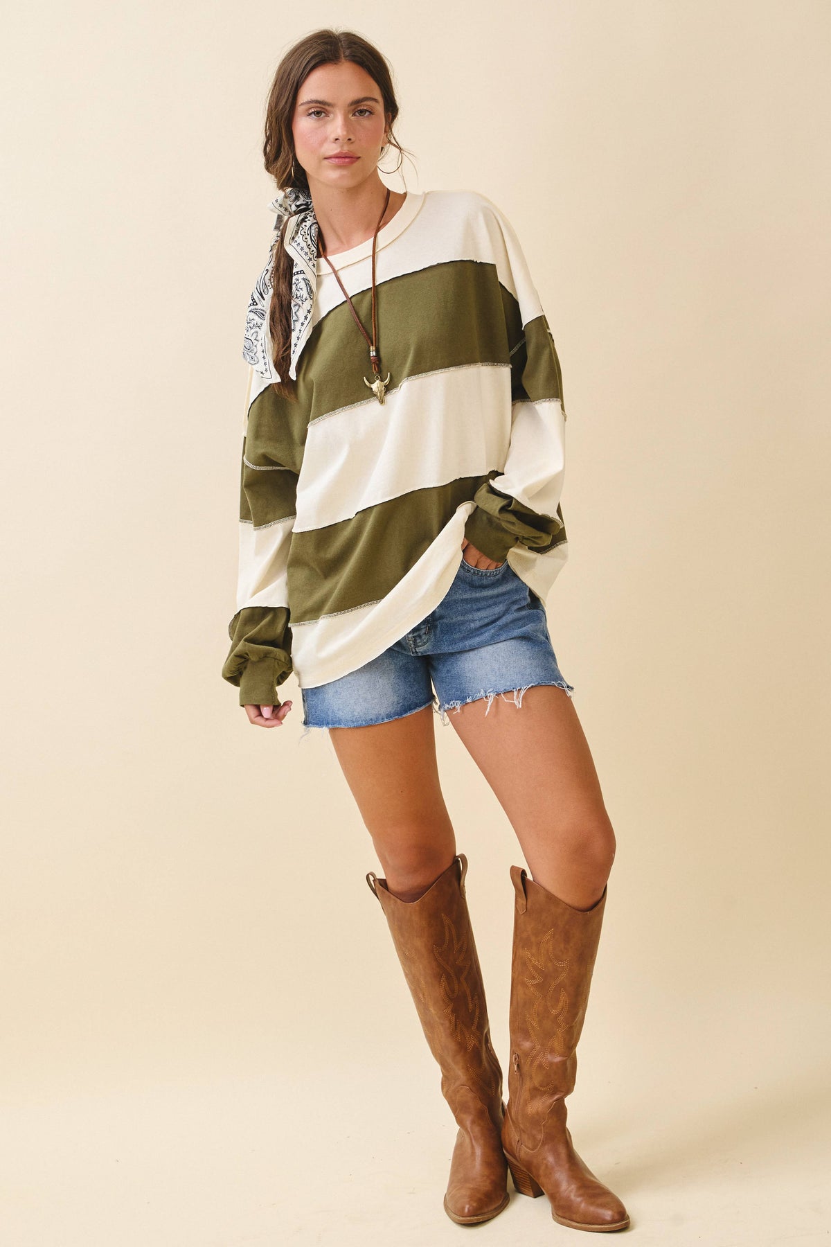 8551GN Oversized Color Block Long Sleeve Pullover: White Brownie / Contemporary / M