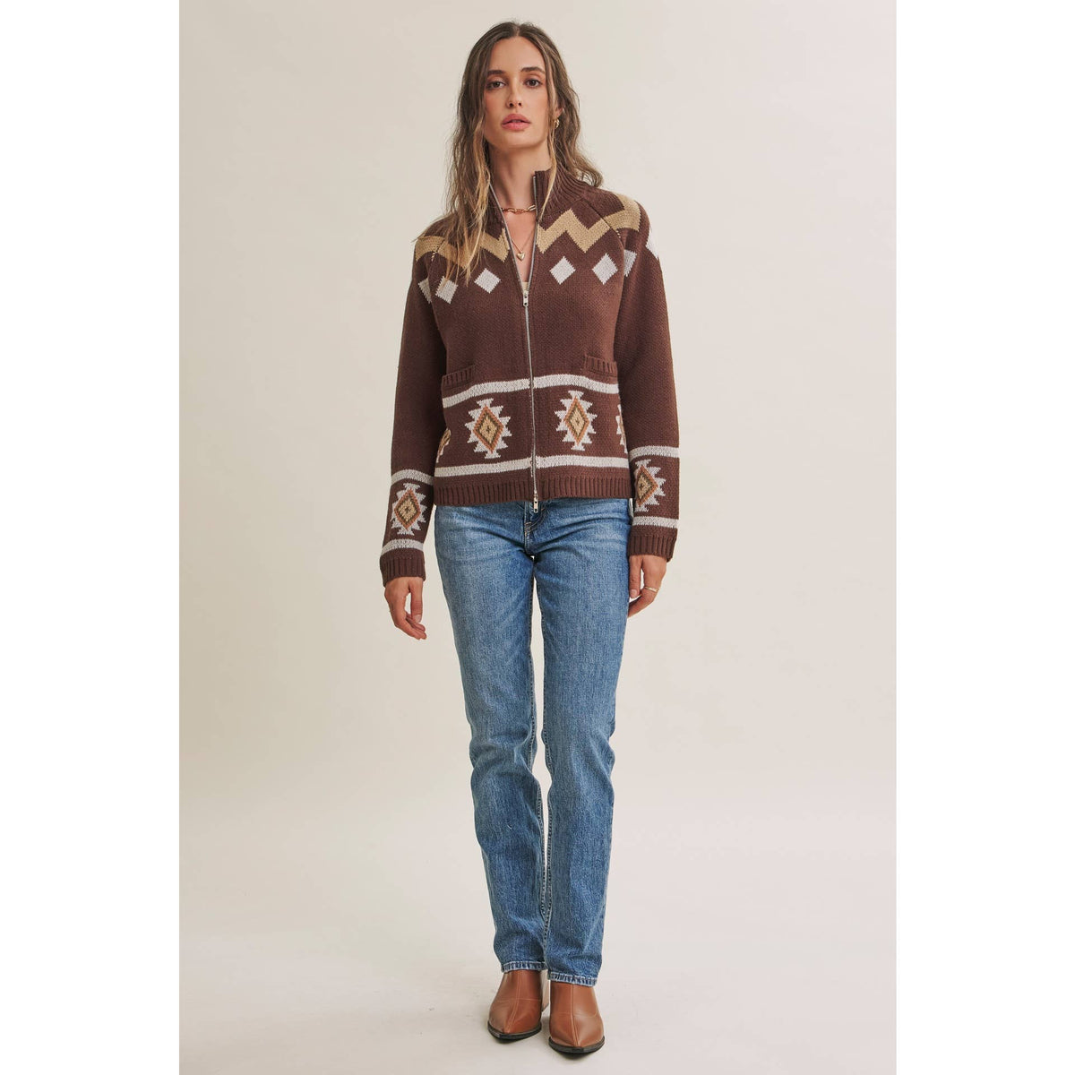 RUSTIC ESCAPE FAIR ISLE 2-WAY ZIP MOCK NECK SWEATER JACKET