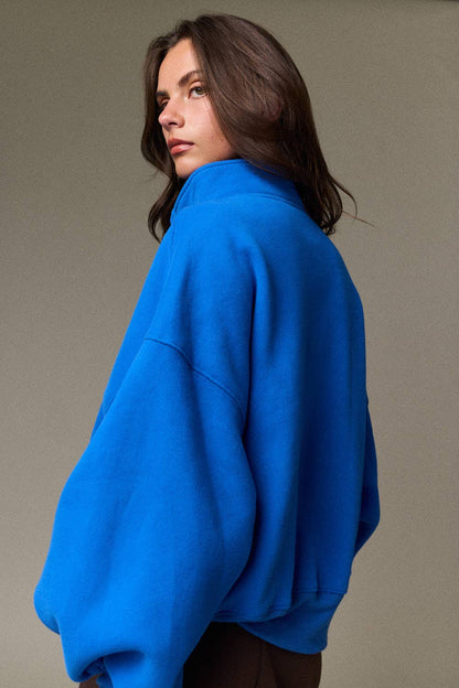 High Collar Half Button-Up Relaxed Fit Pullover