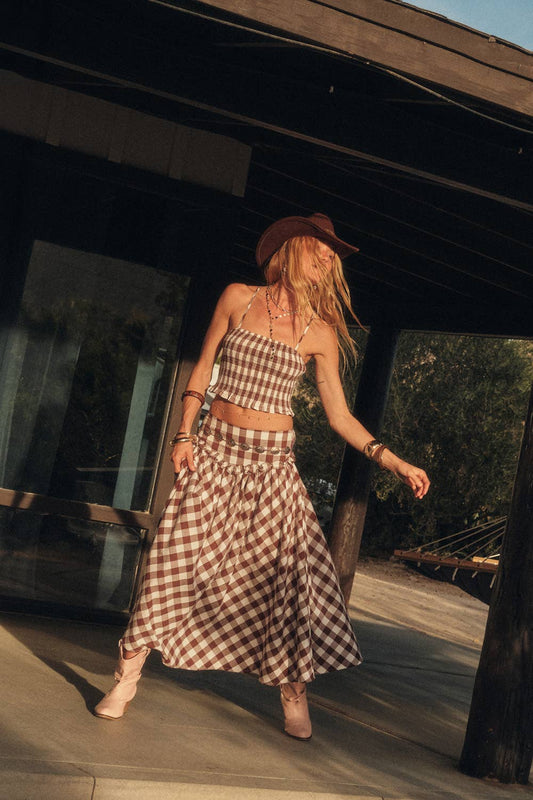 Gingham Plaid Drop-Waist Ruffle Midi Skirt