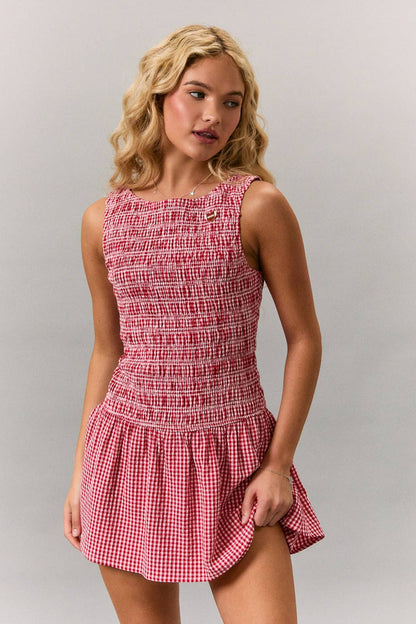 BOAT NECK SMOCKING BODICE LOW WAIST ROMPER