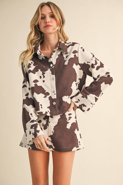 Cow Print Suede Skirt and Shirt Set
