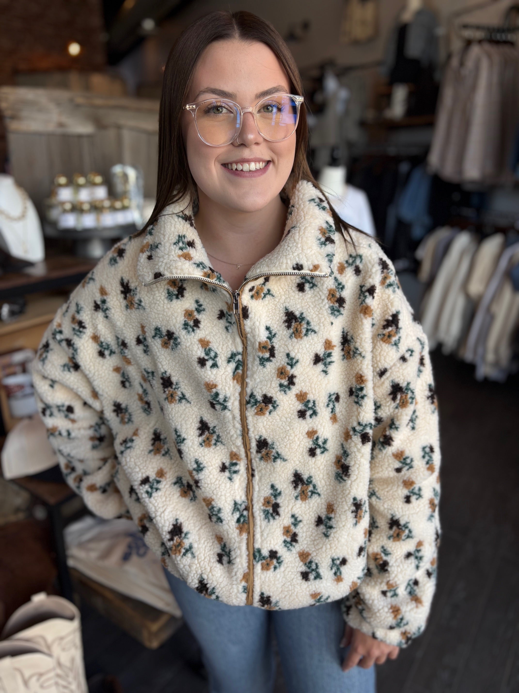 Neutral Bloom Zip-Up Sherpa Jacket – Rocket & Roo Boutique
