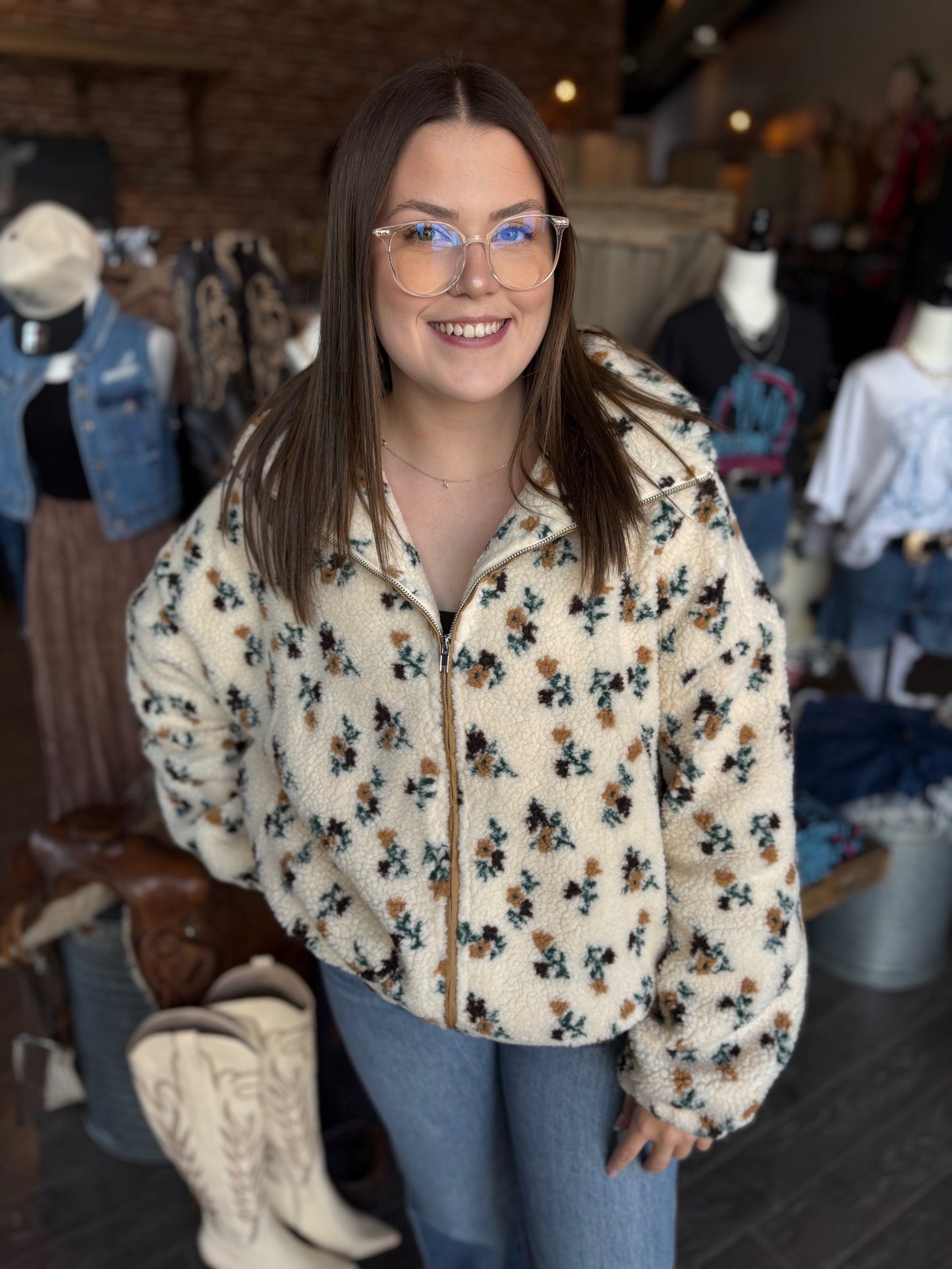 Neutral Bloom Zip-Up Sherpa Jacket