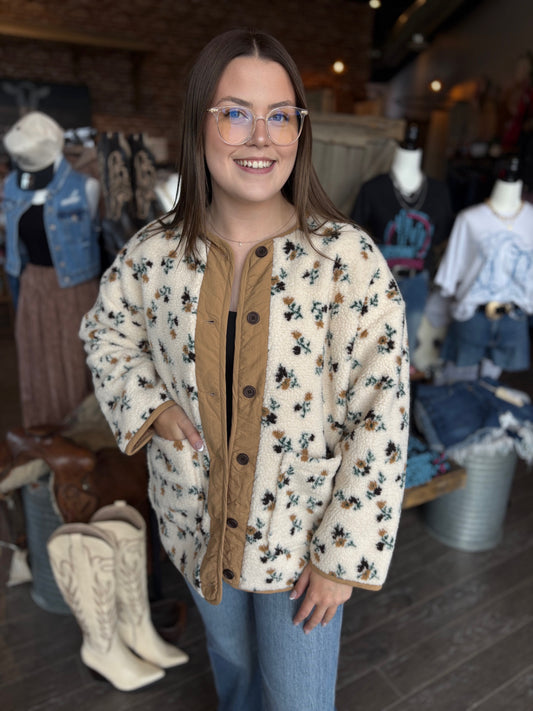Button Up Neutral Floral Sherpa Jacket