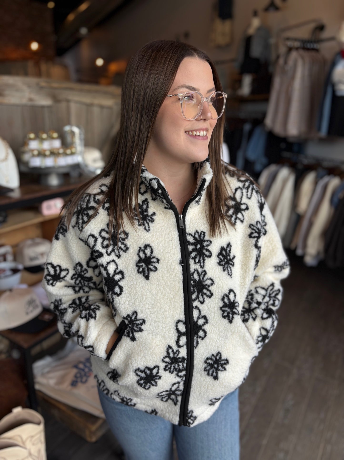 Black and White Floral Sherpa Jacket