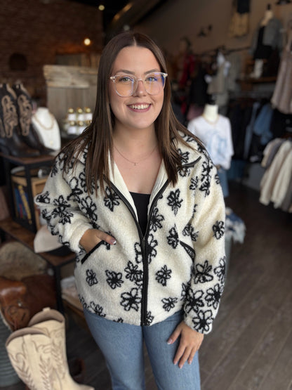 Black and White Floral Sherpa Jacket