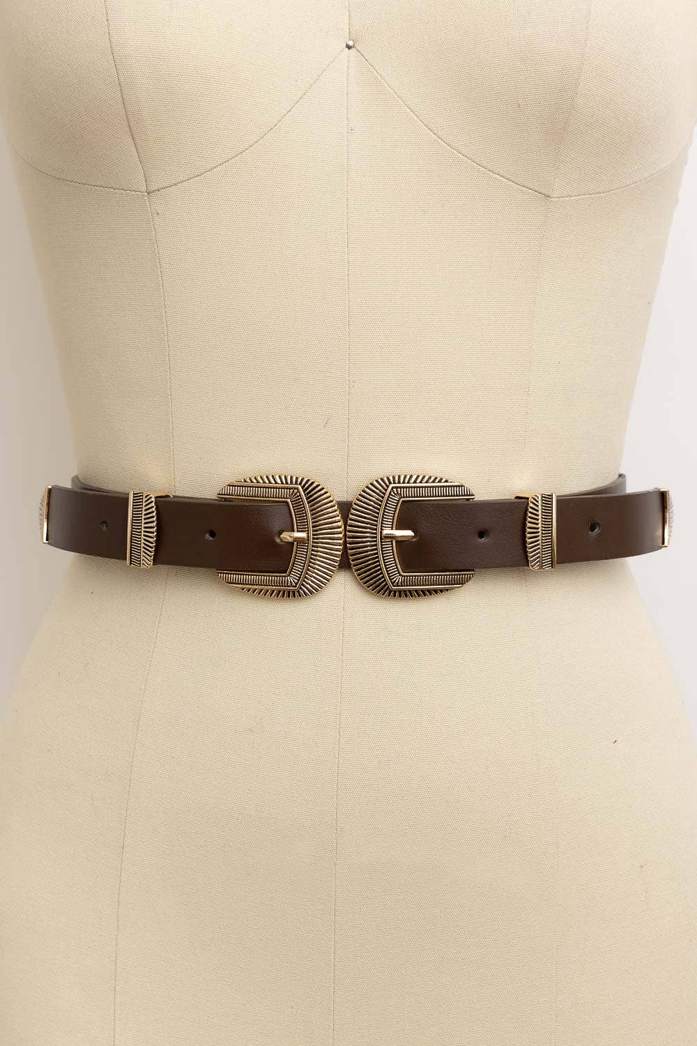 Double Buckle Faux Leather Western Style Belt: Brown